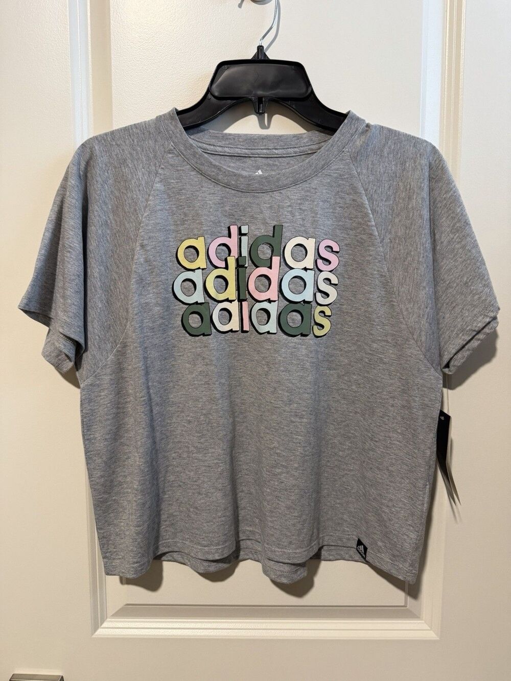 Adidas Girls L 14 Cropped Loose Fit Graphic T Shirt Gray Heather AA3035 NWT
